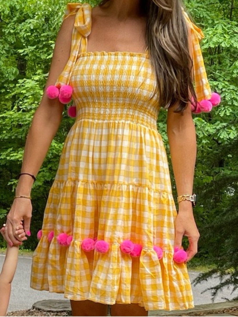 Sunny Yellow Gingham Mini Dress with Pink Pom Trim